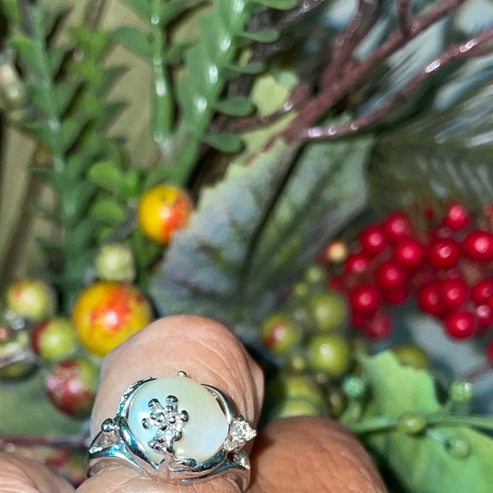 Elegant Baroque Freshwater Pearl Ring with diamond chips .925 silver Ring SZ 8 - Picture 8 of 12